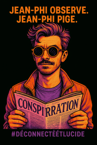 Portrait vintage de Jean-Phi, lunettes rondes, lisant le journal "Conspiration", slogan "#DéconnectéEtLucide".