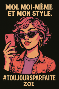 Portrait de Zoé, style vintage moderne, lunettes noires, prenant un selfie avec smartphone rose, slogan "#ToujoursParfaite".