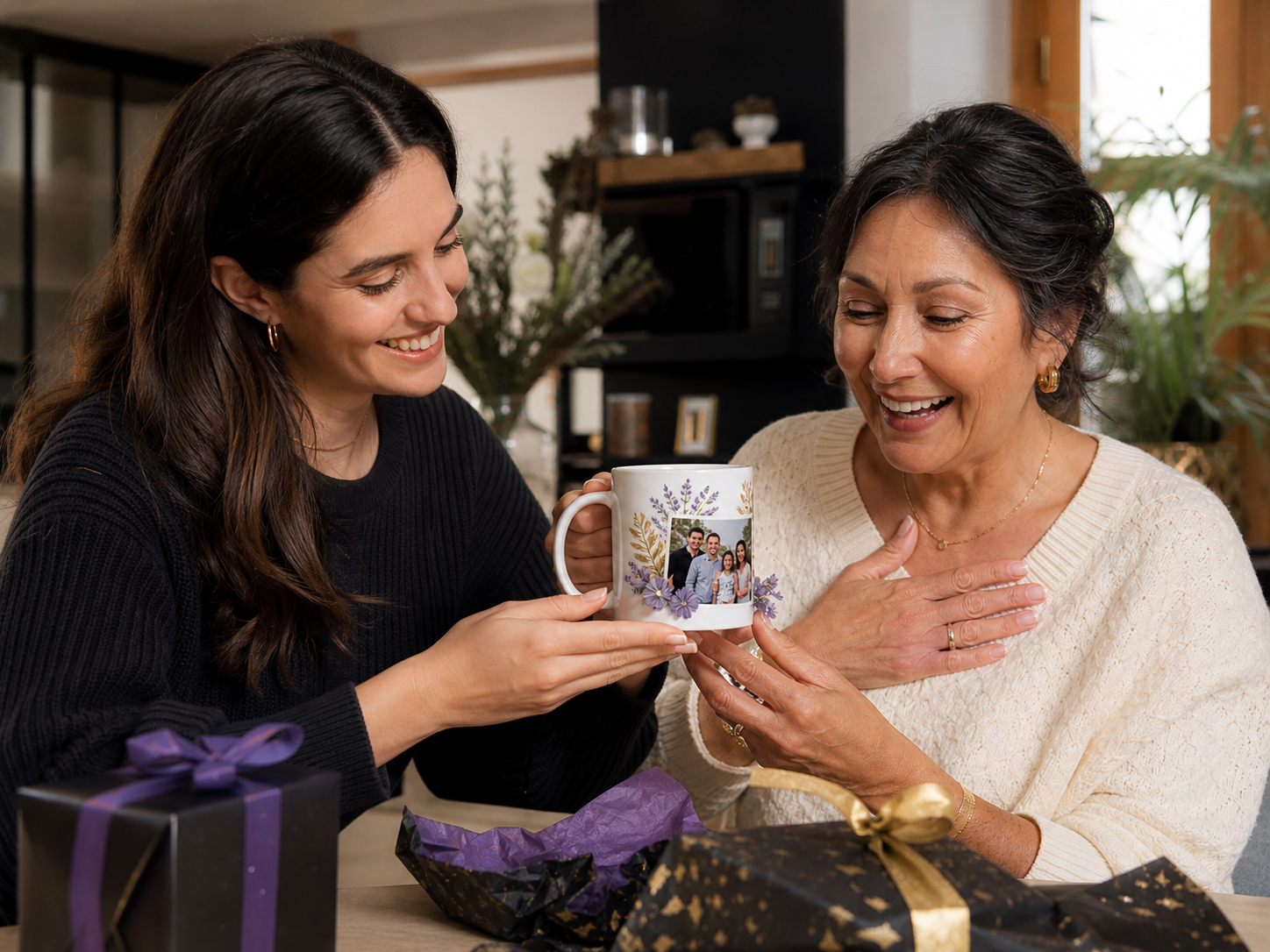 Une fille offre à sa mère un mug personnalisé avec un souvenir de famille