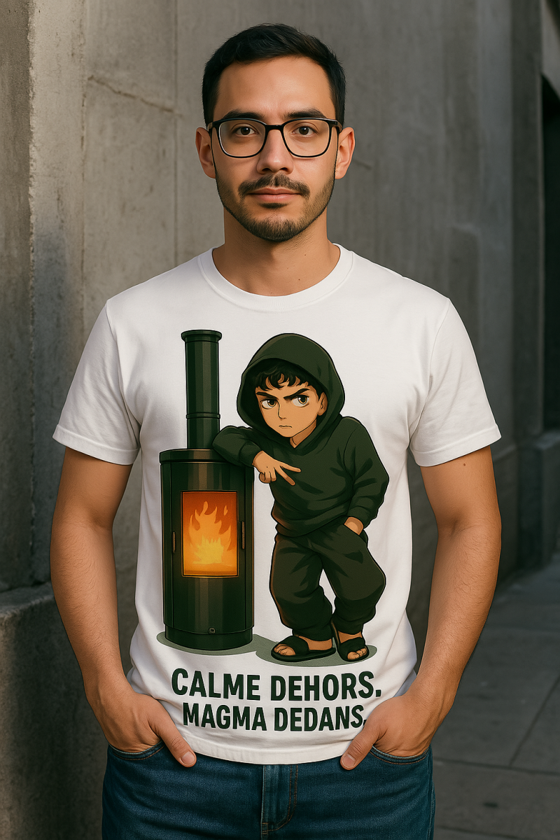 Jeune homme portant un T-shirt blanc UN1K illustré d’un personnage stylisé en hoodie noir, posé devant un poêle allumé, avec le slogan "Calme dehors. Magma dedans", sur fond urbain gris.